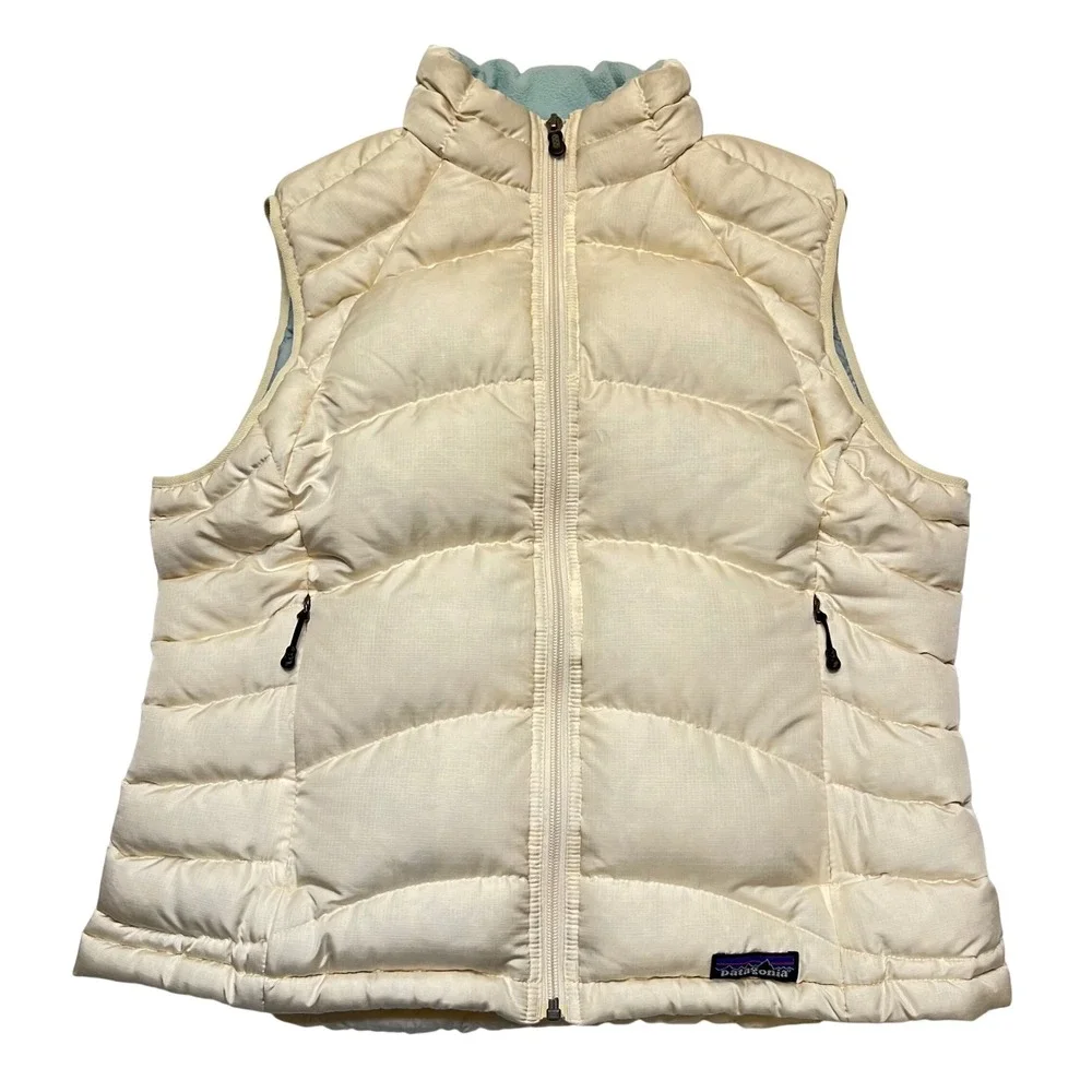 Patagonia Cream Aqua Outdoors Hiking Gorpcore Goose Down Puffer Vest Size L